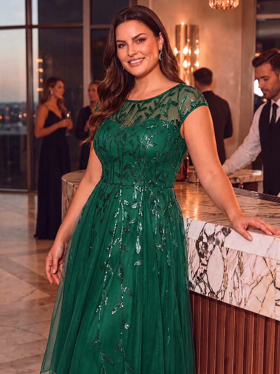 See-through Sequin Cap Sleeve Dress #color_Dark Green