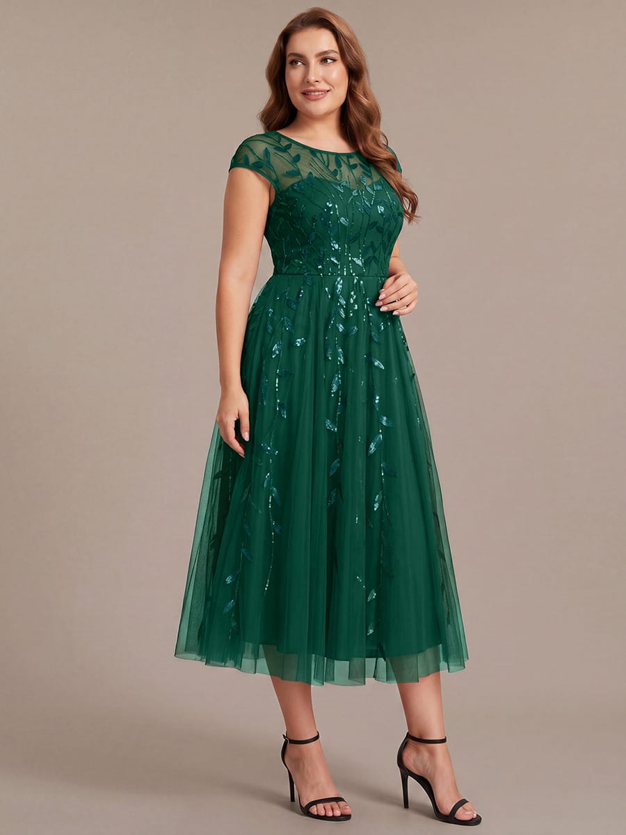 See-through Sequin Cap Sleeve Dress #color_Dark Green