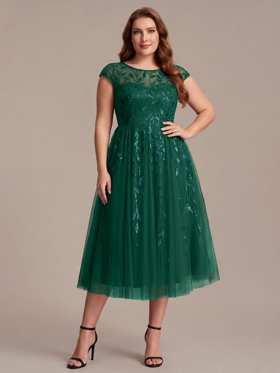 See-through Sequin Cap Sleeve Dress #color_Dark Green
