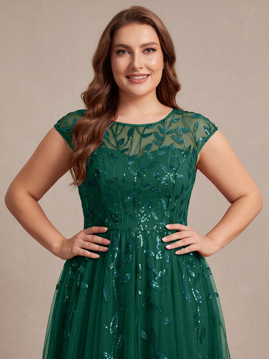 See-through Sequin Cap Sleeve Dress #color_Dark Green