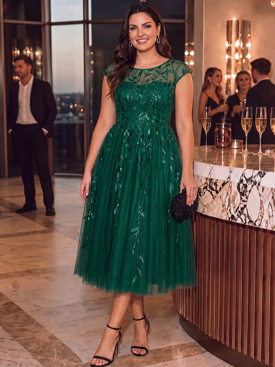 See-through Sequin Cap Sleeve Dress #color_Dark Green