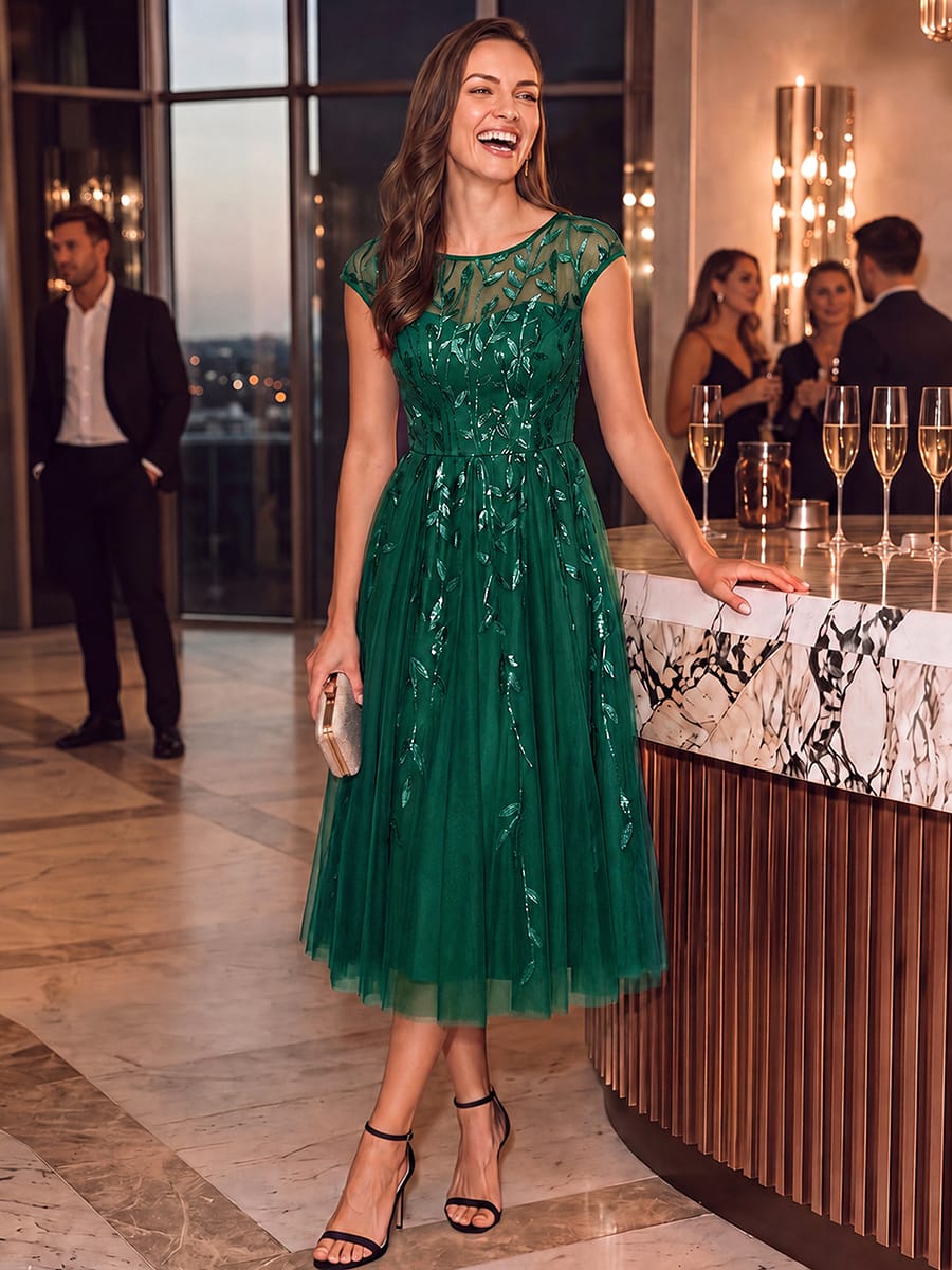 See-through Sequin Cap Sleeve Dress #color_Dark Green