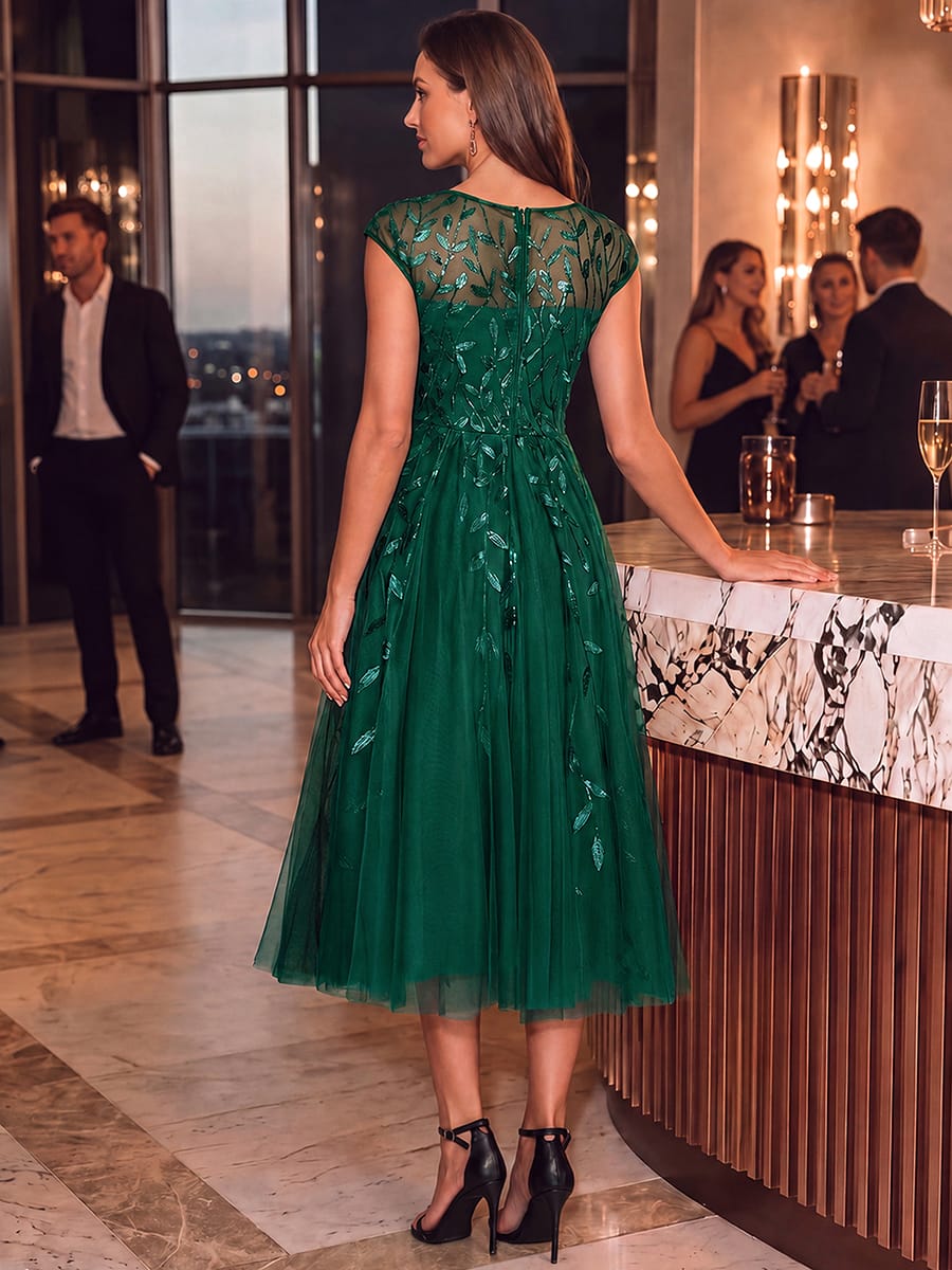 See-through Sequin Cap Sleeve Dress #color_Dark Green