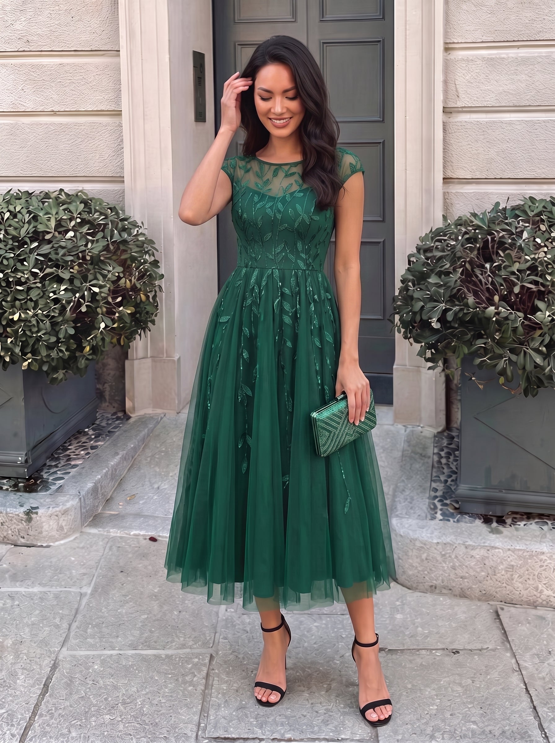 See-through Sequin Cap Sleeve Dress #color_Dark Green