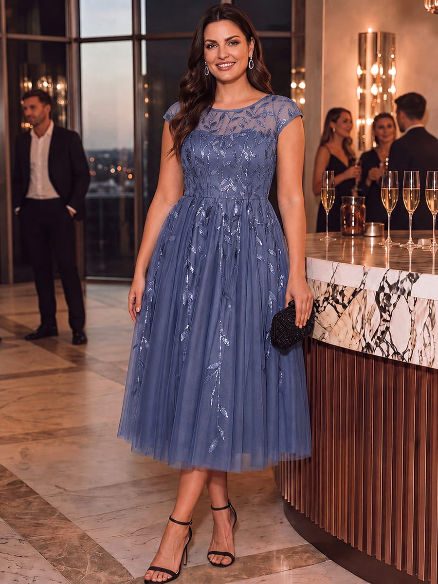 See-through Sequin Cap Sleeve Dress #color_Dusty Blue
