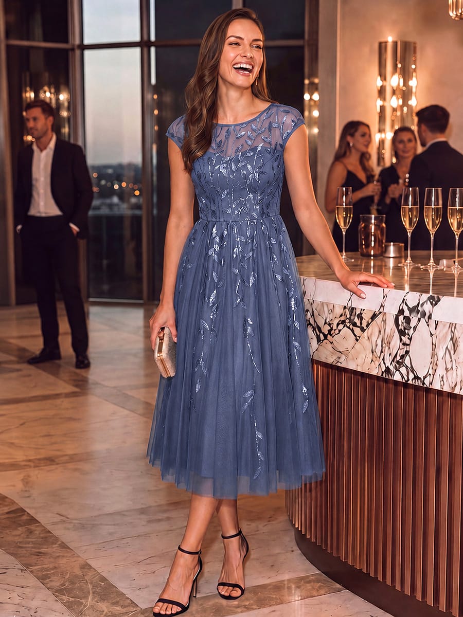 See-through Sequin Cap Sleeve Dress #color_Dusty Blue