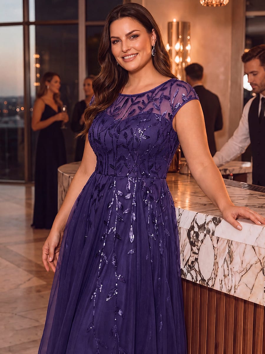 See-through Sequin Cap Sleeve Dress #color_Dark Purple