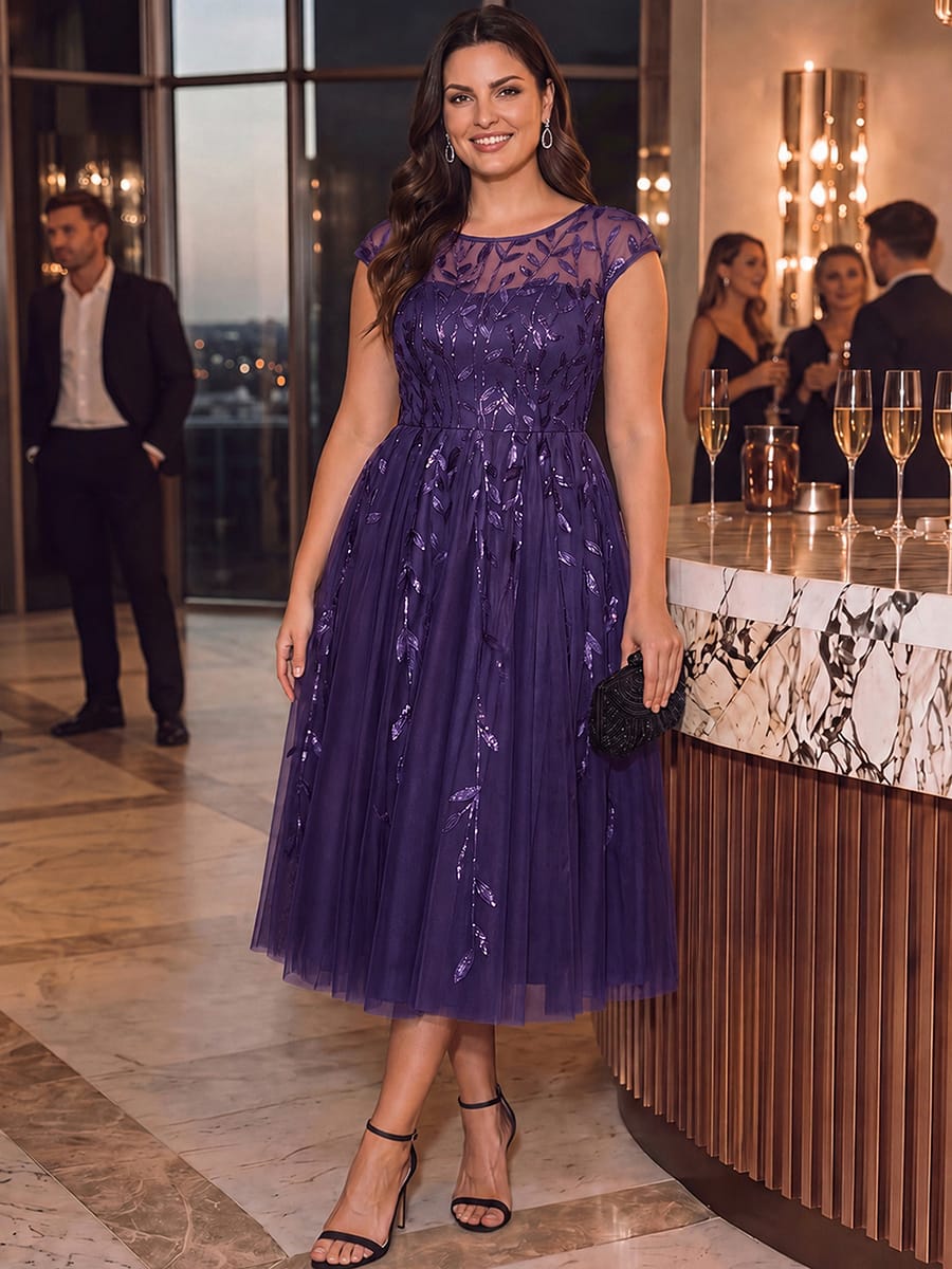 See-through Sequin Cap Sleeve Dress #color_Dark Purple