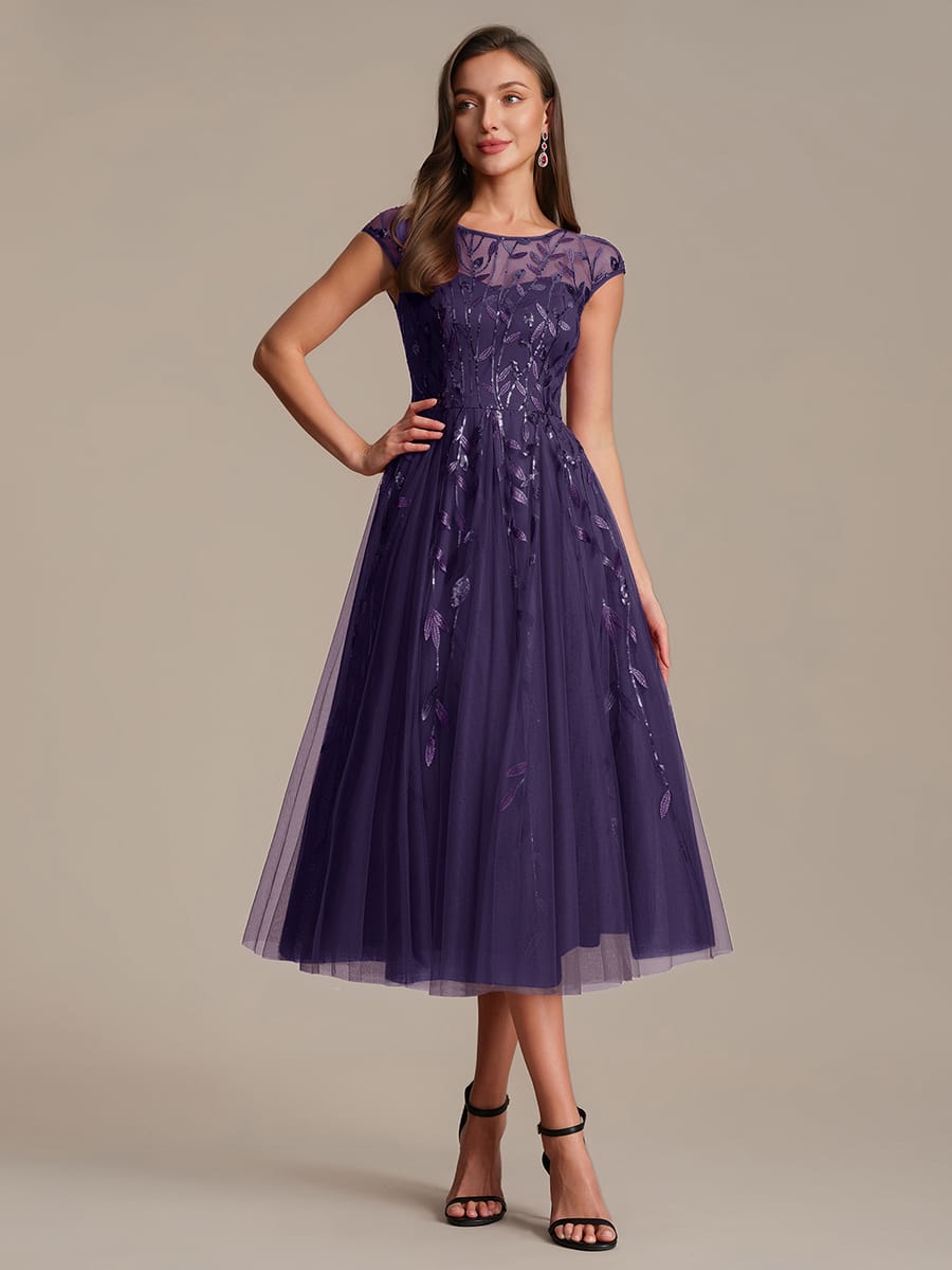 See-through Sequin Cap Sleeve Dress #color_Dark Purple