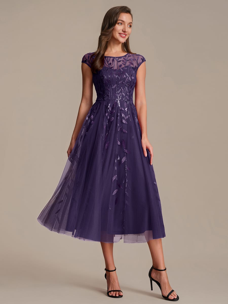 See-through Sequin Cap Sleeve Dress #color_Dark Purple