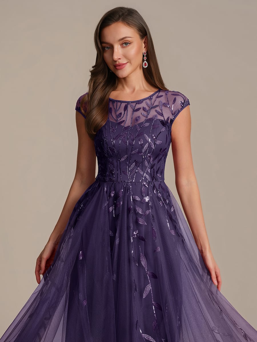 See-through Sequin Cap Sleeve Dress #color_Dark Purple