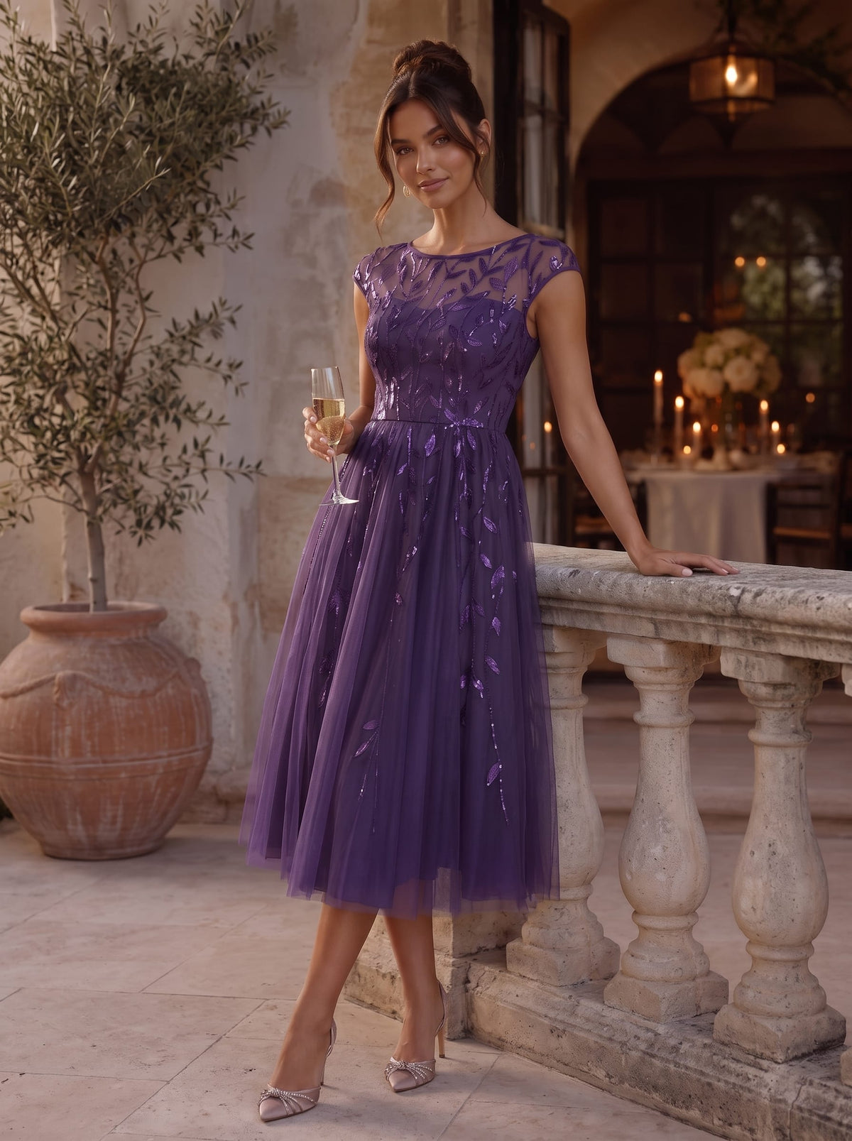 See-through Sequin Cap Sleeve Dress #color_Dark Purple