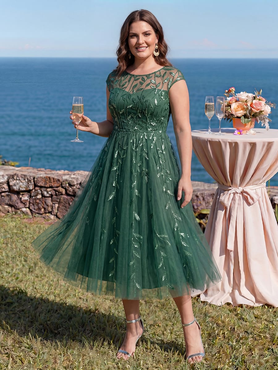 See-through Sequin Cap Sleeve Dress #color_Eucalyptus Green