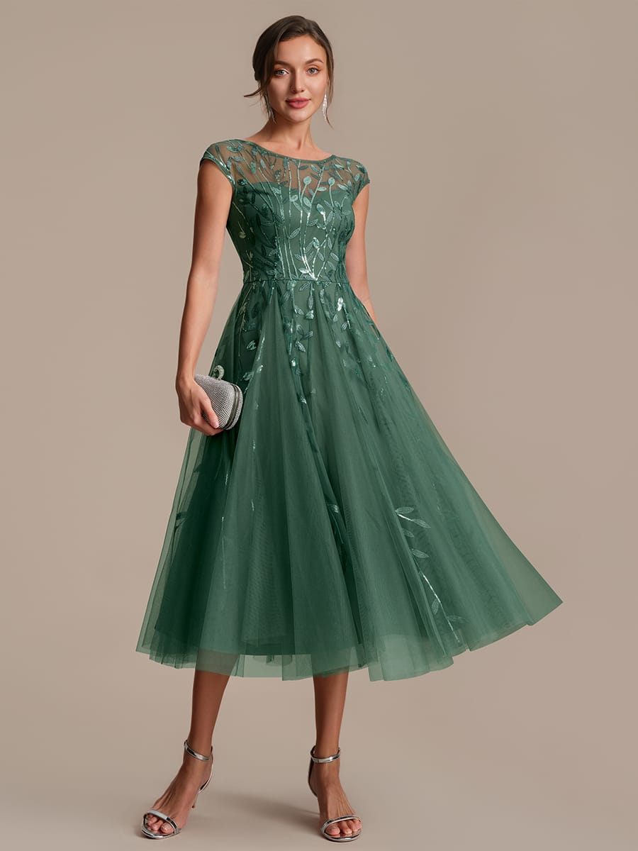 See-through Sequin Cap Sleeve Dress #color_Eucalyptus Green