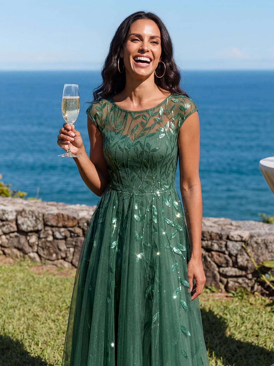 See-through Sequin Cap Sleeve Dress #color_Eucalyptus Green