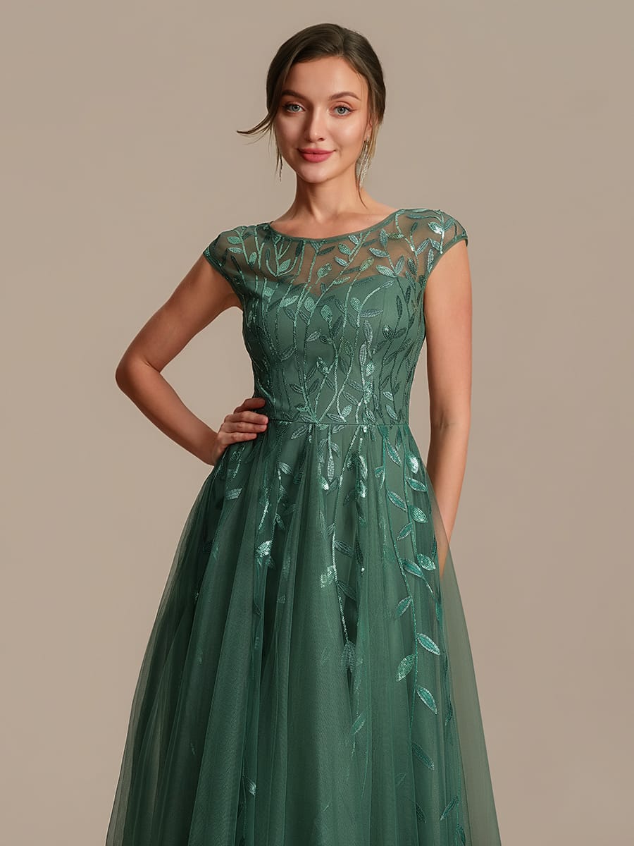 See-through Sequin Cap Sleeve Dress #color_Eucalyptus Green