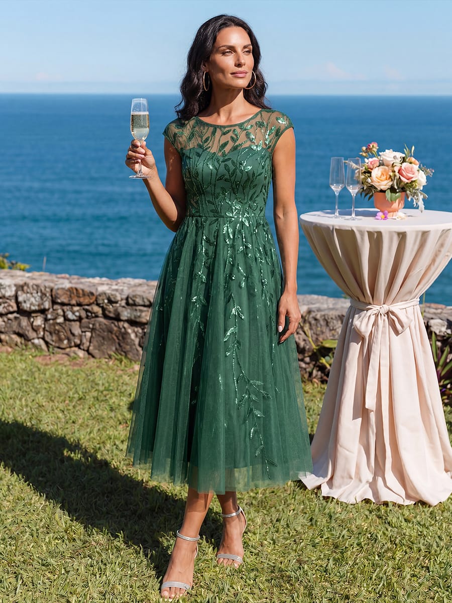 See-through Sequin Cap Sleeve Dress #color_Eucalyptus Green