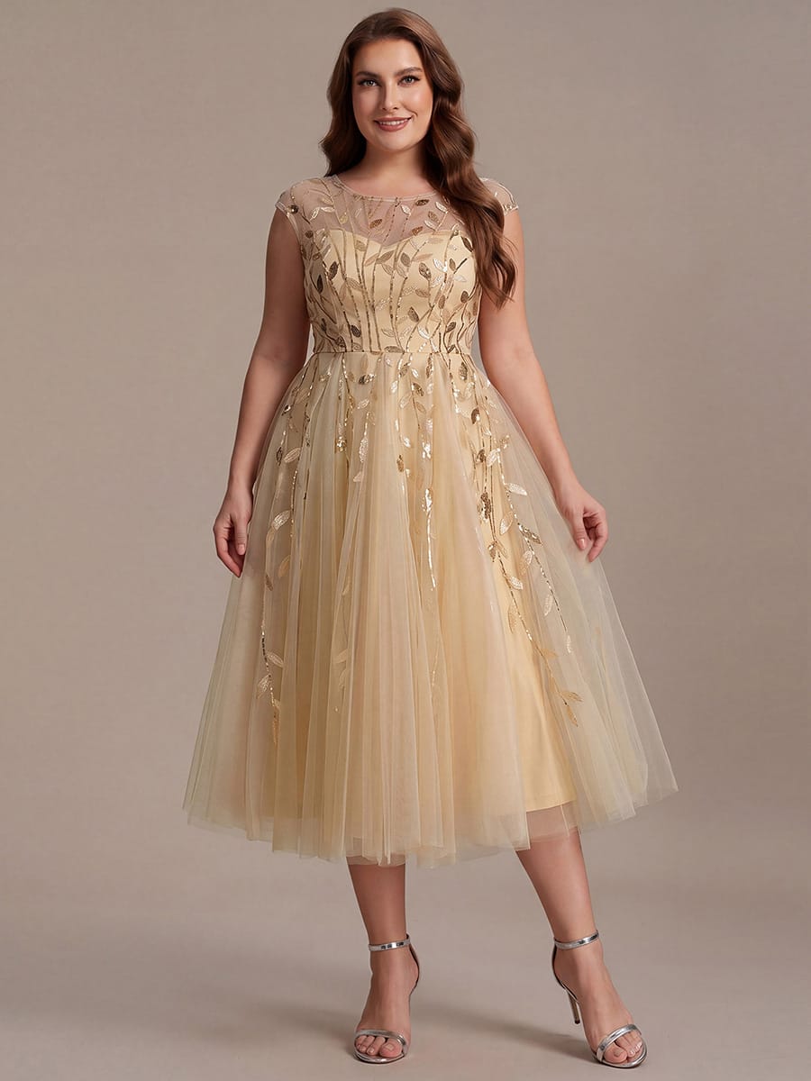 See-through Sequin Cap Sleeve Dress #color_Gold