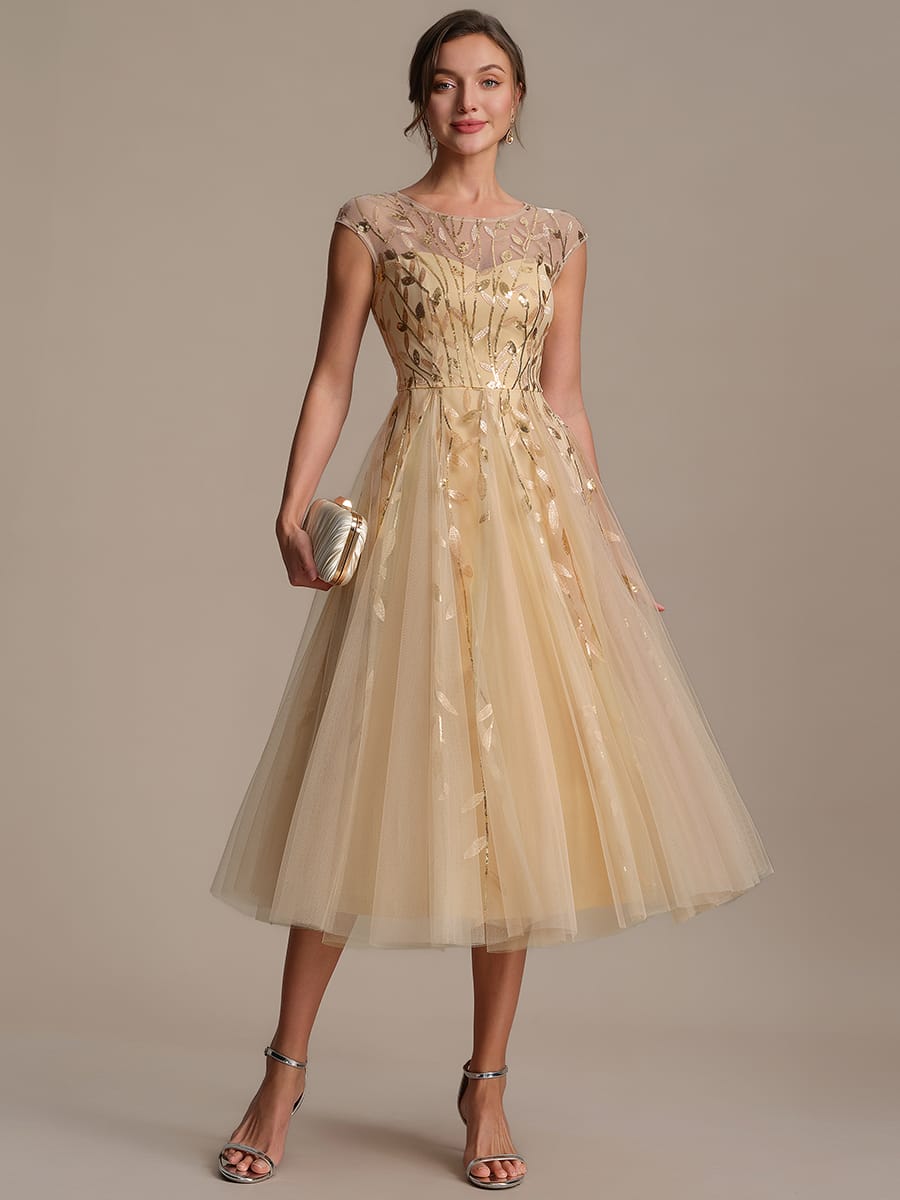 See-through Sequin Cap Sleeve Dress #color_Gold