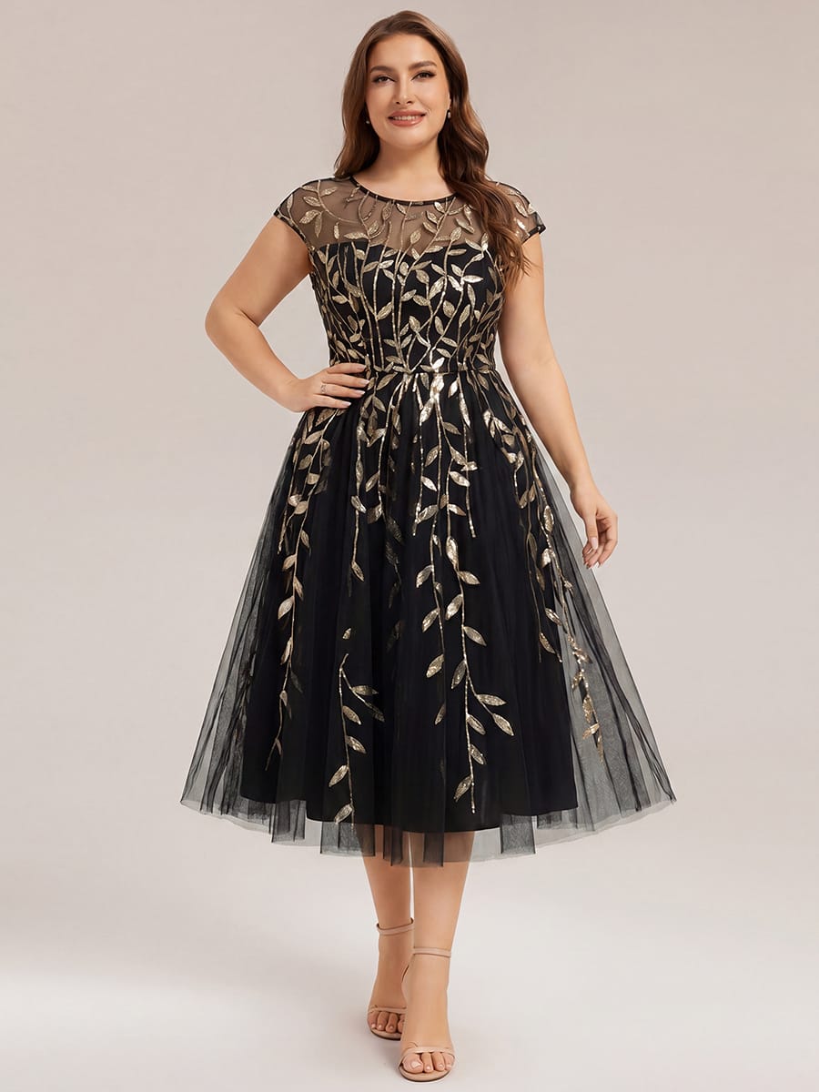 See-through Sequin Cap Sleeve Dress #color_Black & Gold