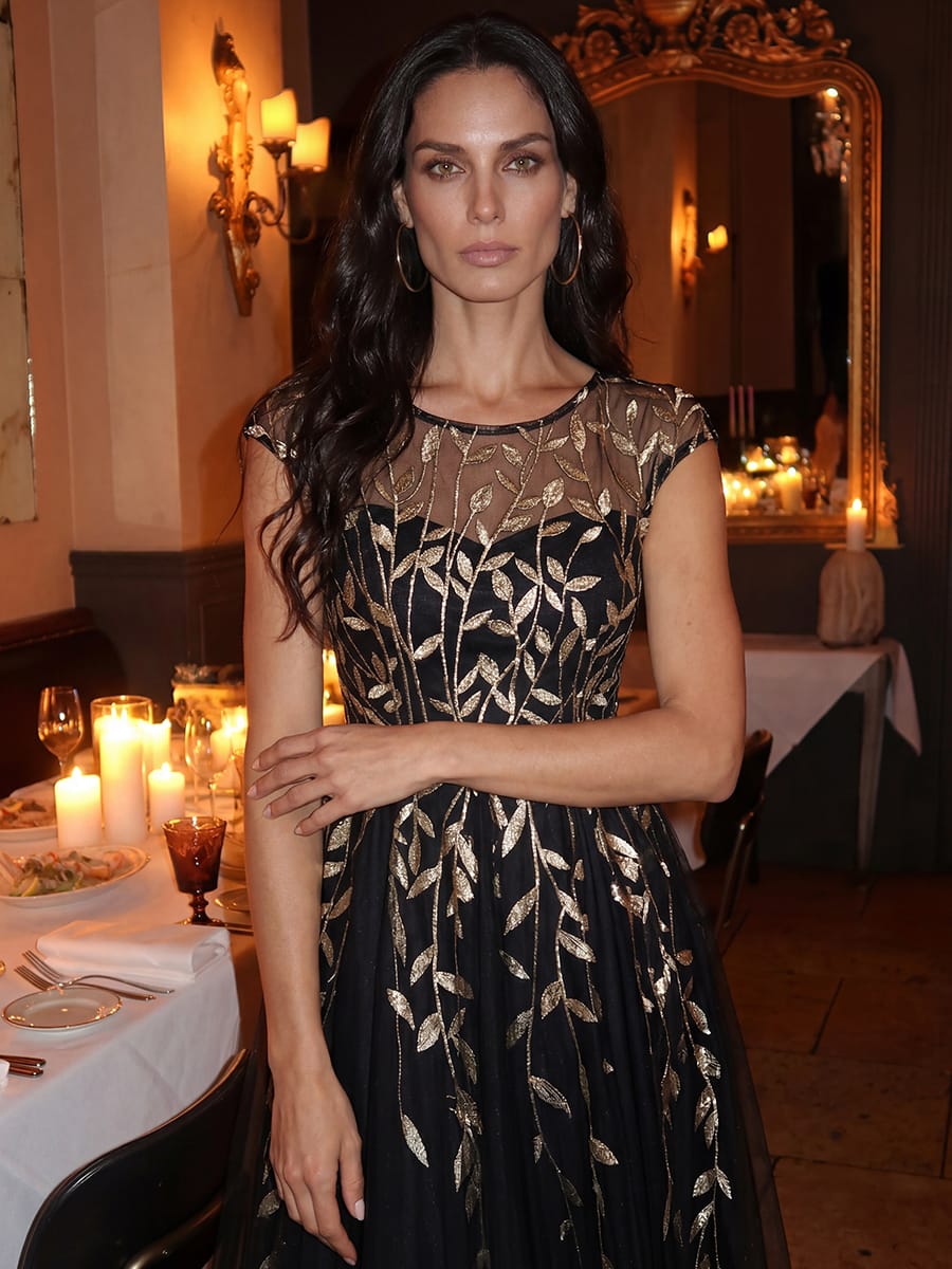 See-through Sequin Cap Sleeve Dress #color_Black & Gold