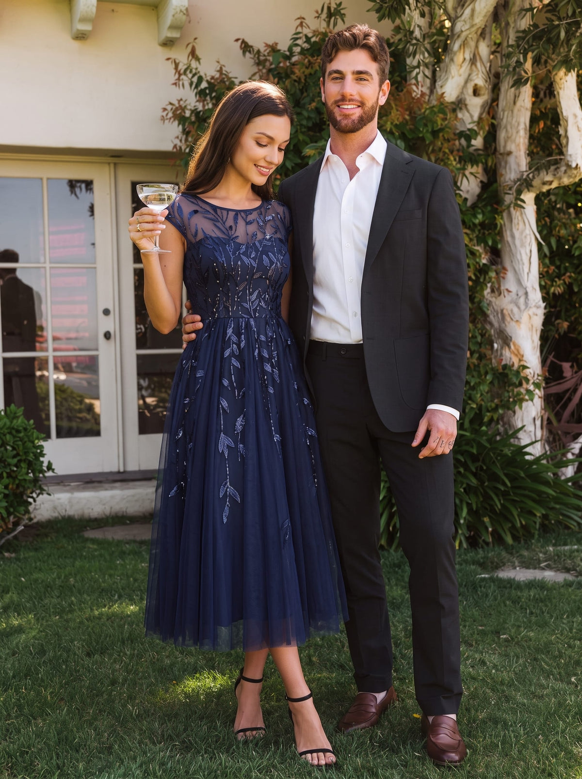 See-through Sequin Cap Sleeve Dress #color_Navy Blue