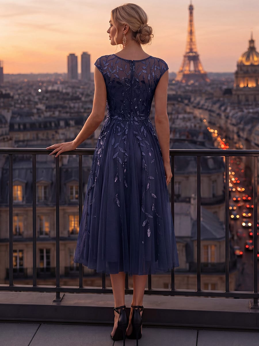 See-through Sequin Cap Sleeve Dress #color_Navy Blue