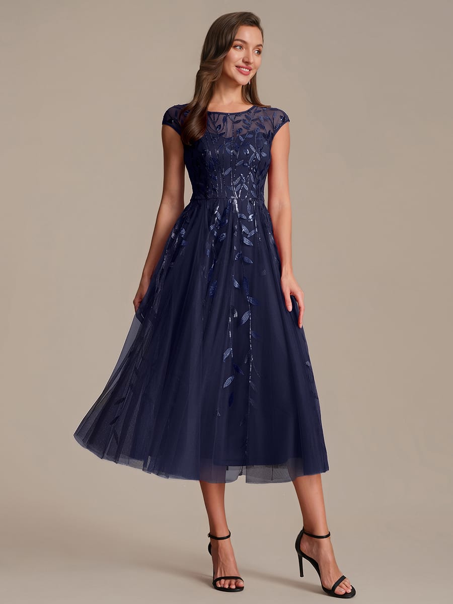 See-through Sequin Cap Sleeve Dress #color_Navy Blue