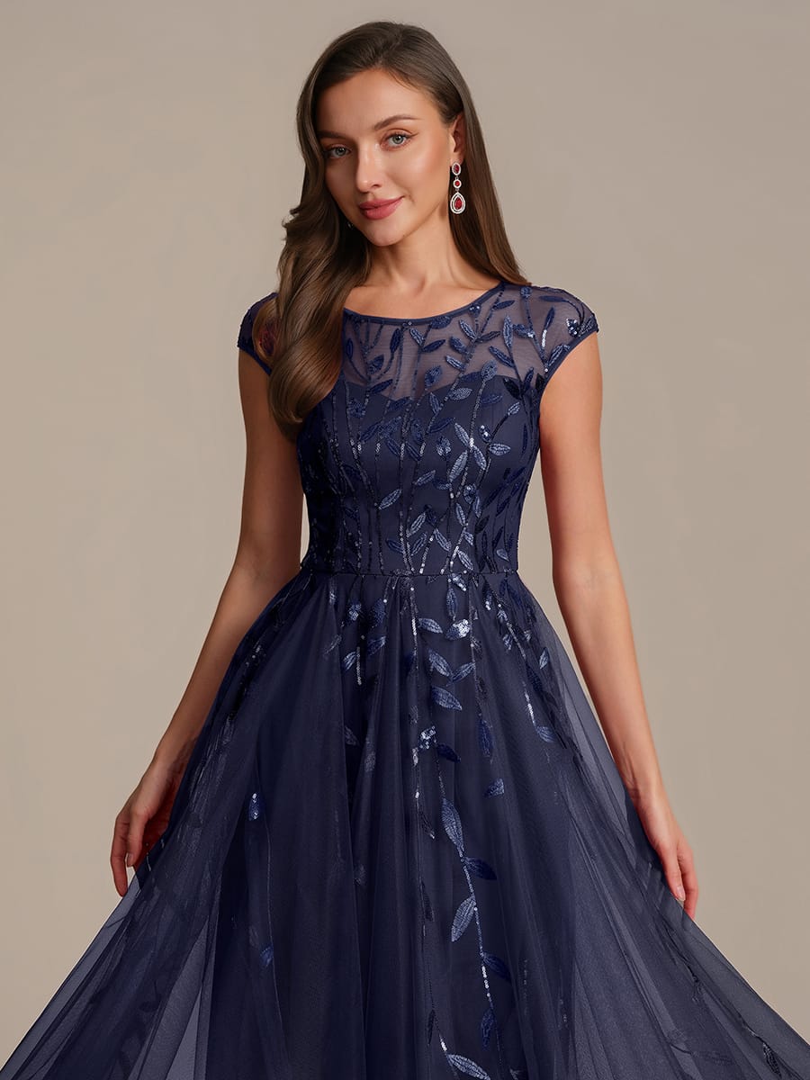 See-through Sequin Cap Sleeve Dress #color_Navy Blue