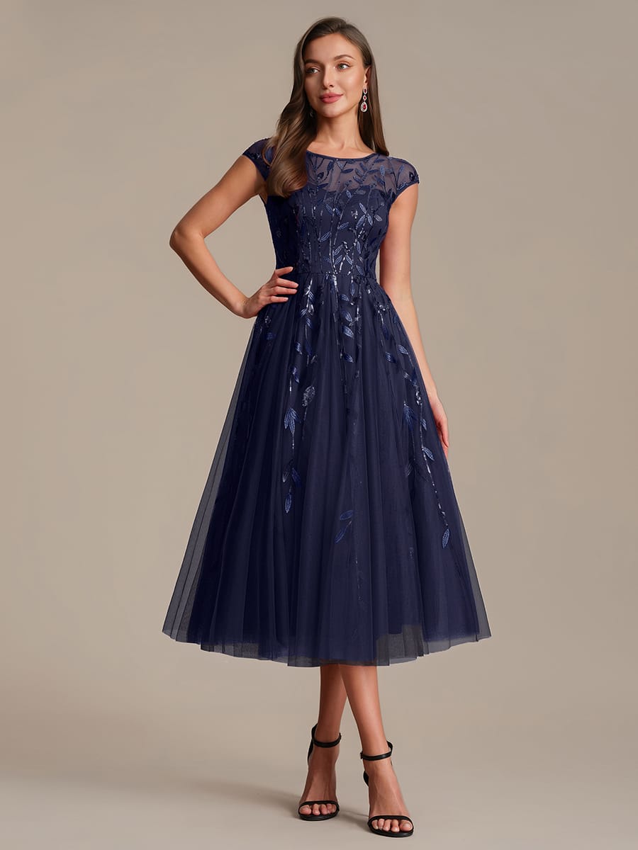See-through Sequin Cap Sleeve Dress #color_Navy Blue
