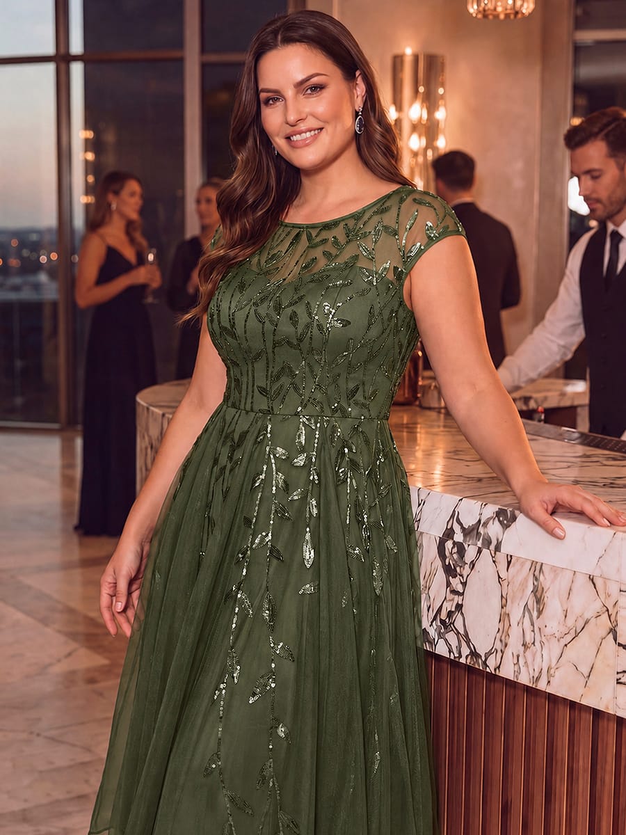 See-through Sequin Cap Sleeve Dress #color_Olive Green