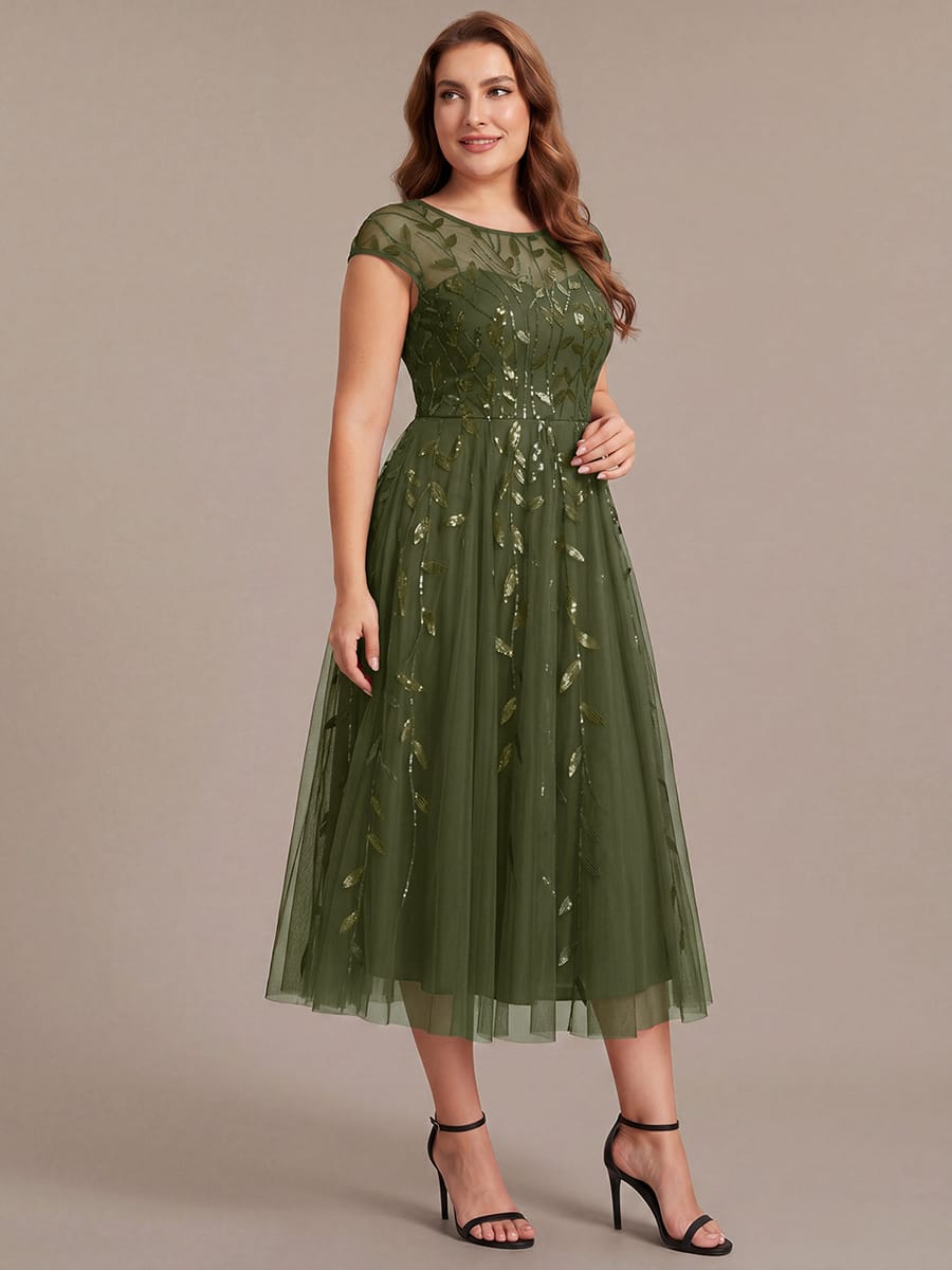 See-through Sequin Cap Sleeve Dress #color_Olive Green
