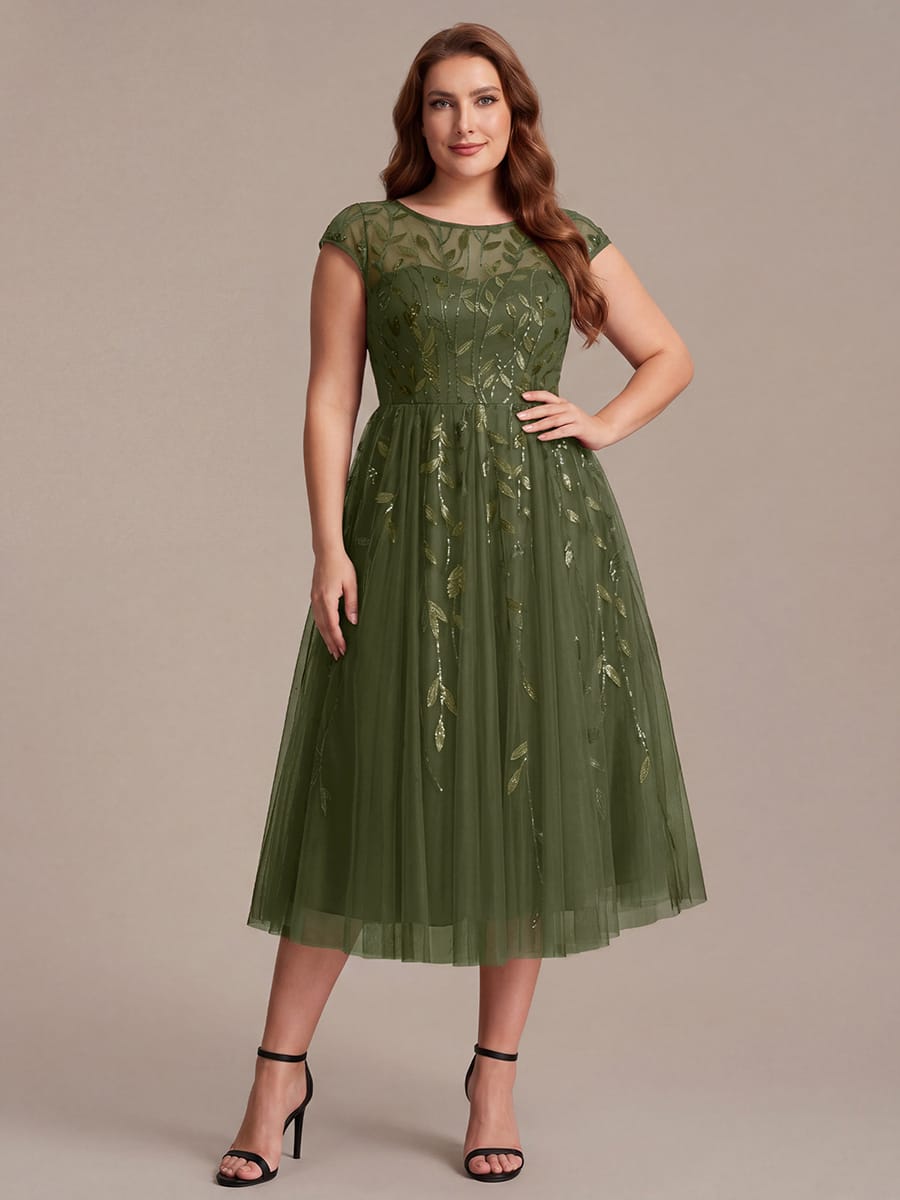 See-through Sequin Cap Sleeve Dress #color_Olive Green