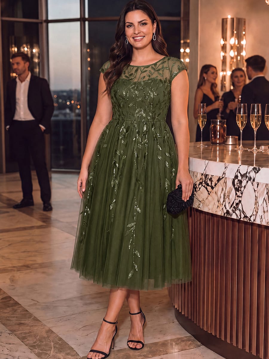 See-through Sequin Cap Sleeve Dress #color_Olive Green