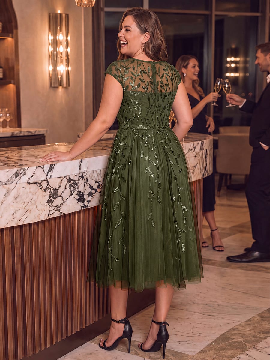 See-through Sequin Cap Sleeve Dress #color_Olive Green