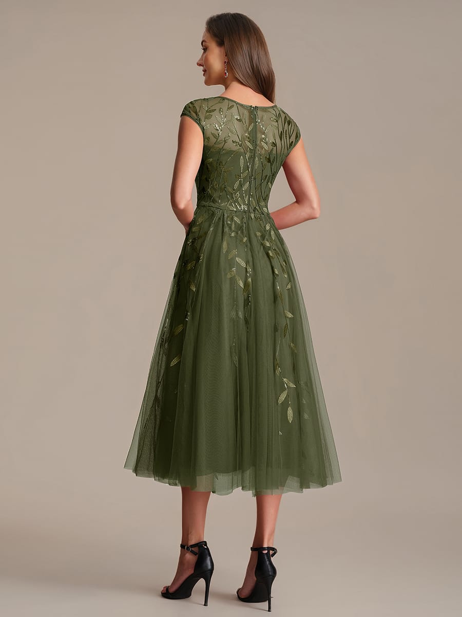 See-through Sequin Cap Sleeve Dress #color_Olive Green