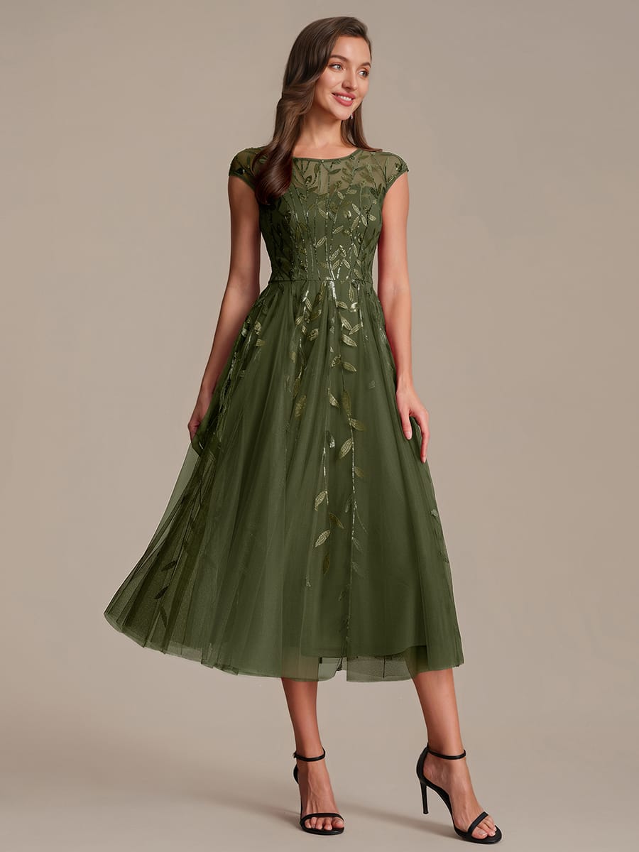 See-through Sequin Cap Sleeve Dress #color_Olive Green