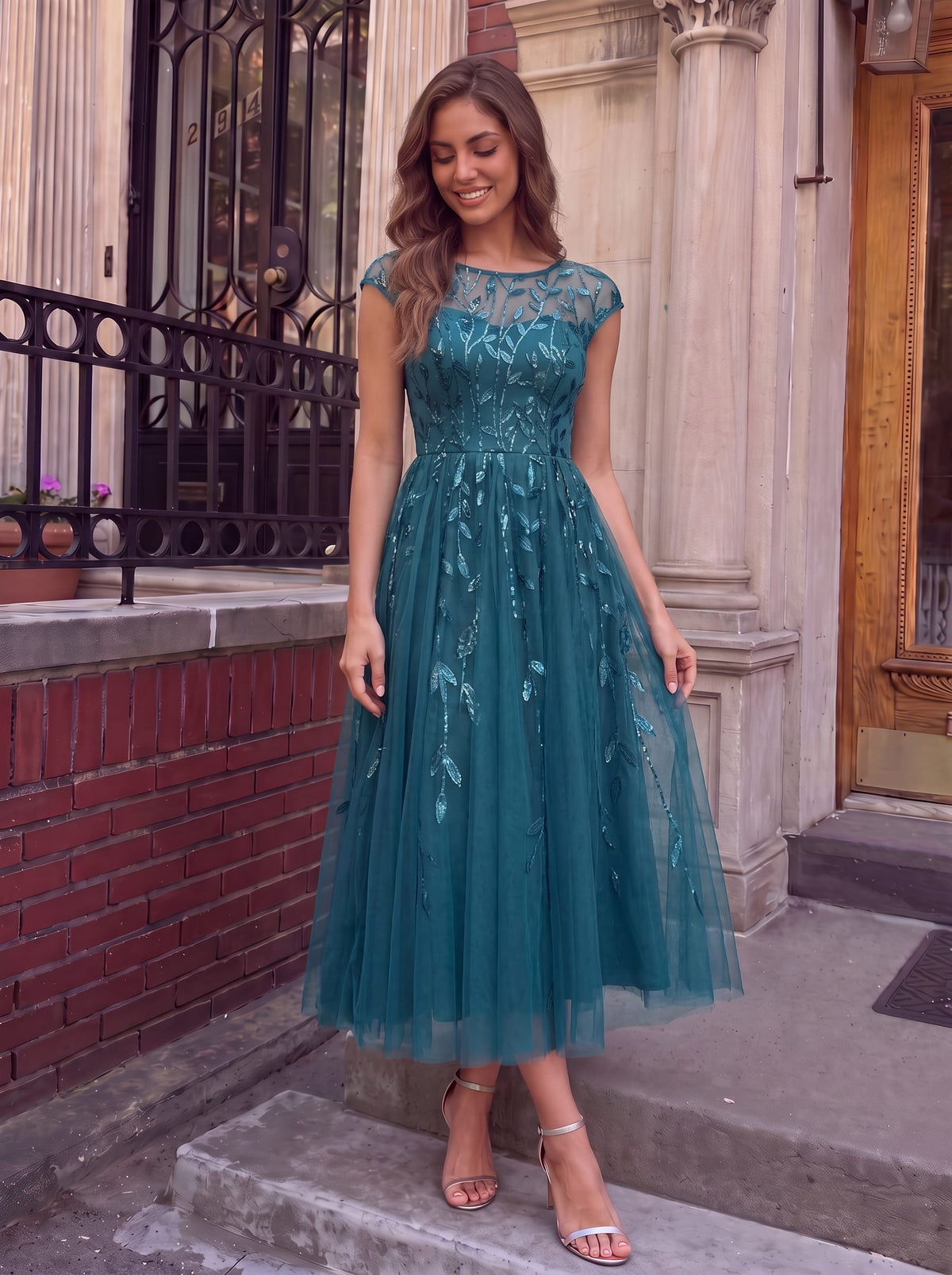 See-through Sequin Cap Sleeve Dress #color_Teal
