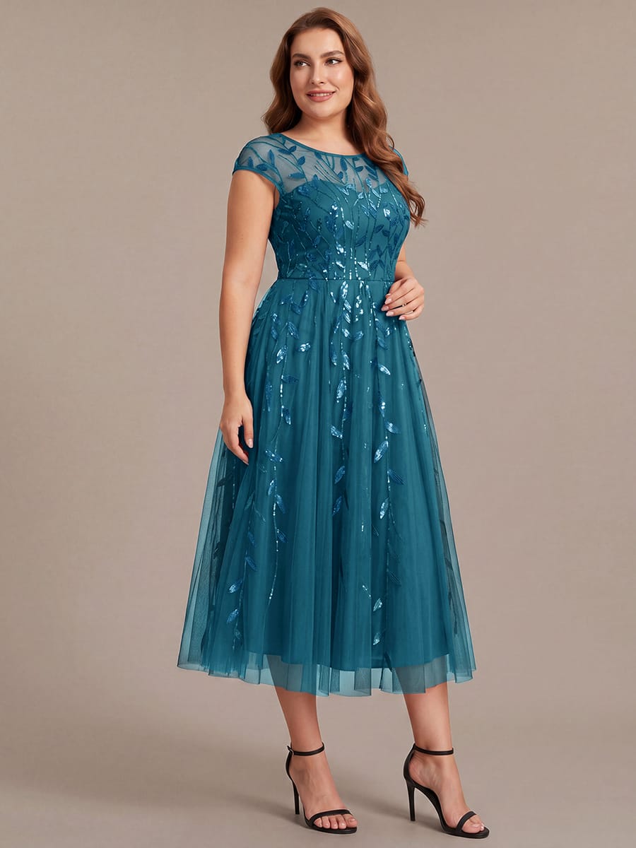 See-through Sequin Cap Sleeve Dress #color_Teal