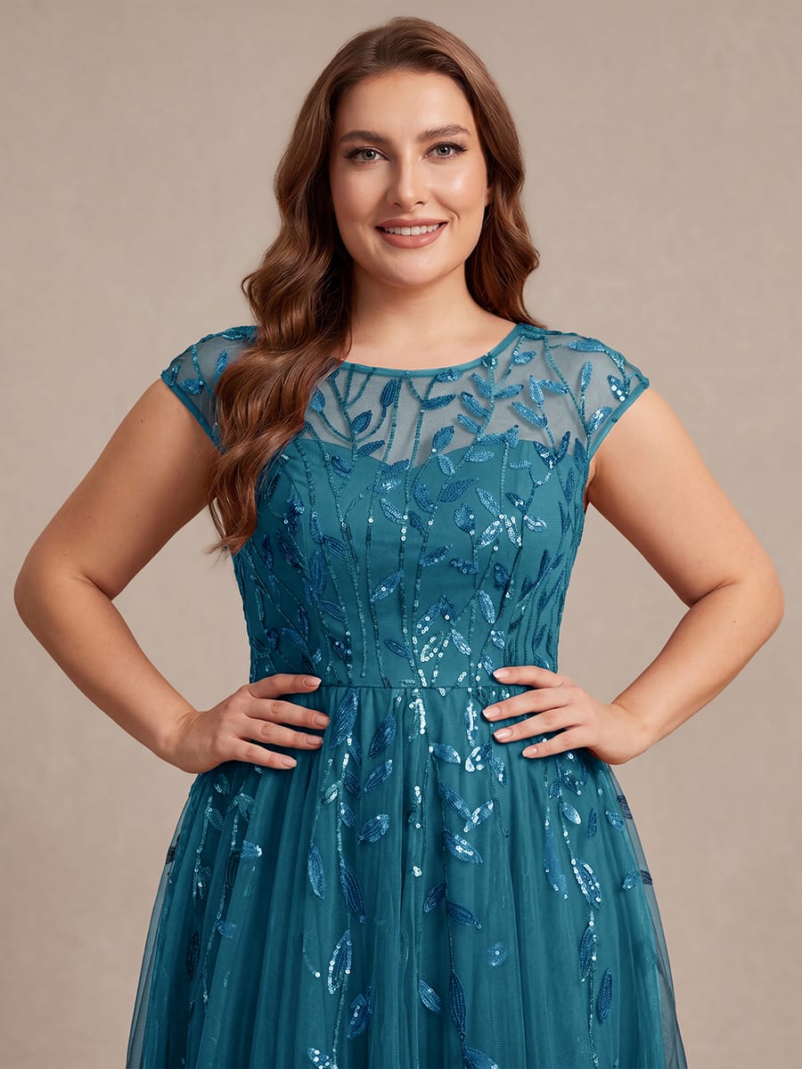 See-through Sequin Cap Sleeve Dress #color_Teal