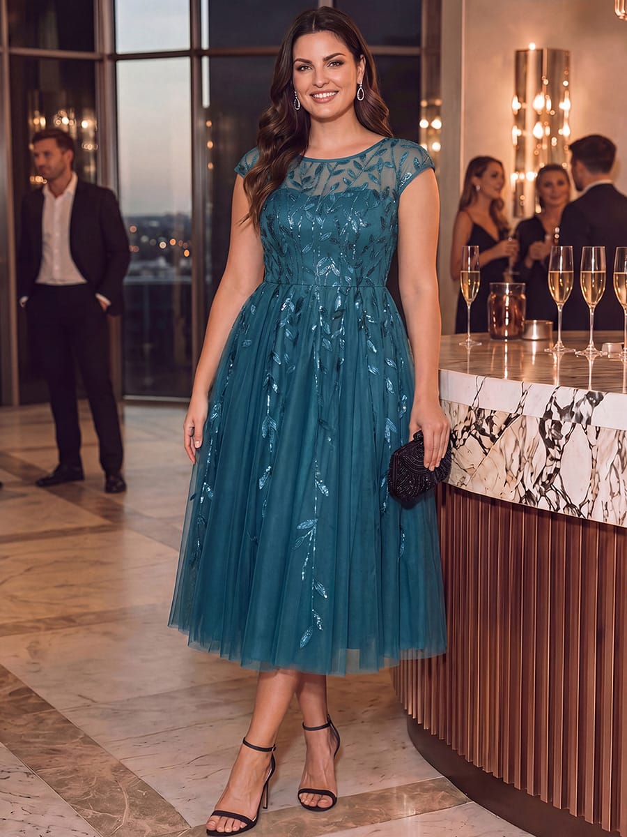 See-through Sequin Cap Sleeve Dress #color_Teal