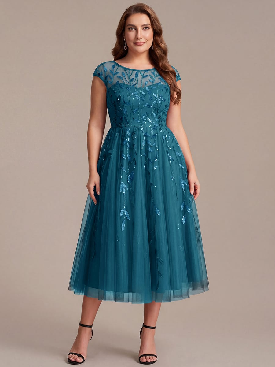 See-through Sequin Cap Sleeve Dress #color_Teal