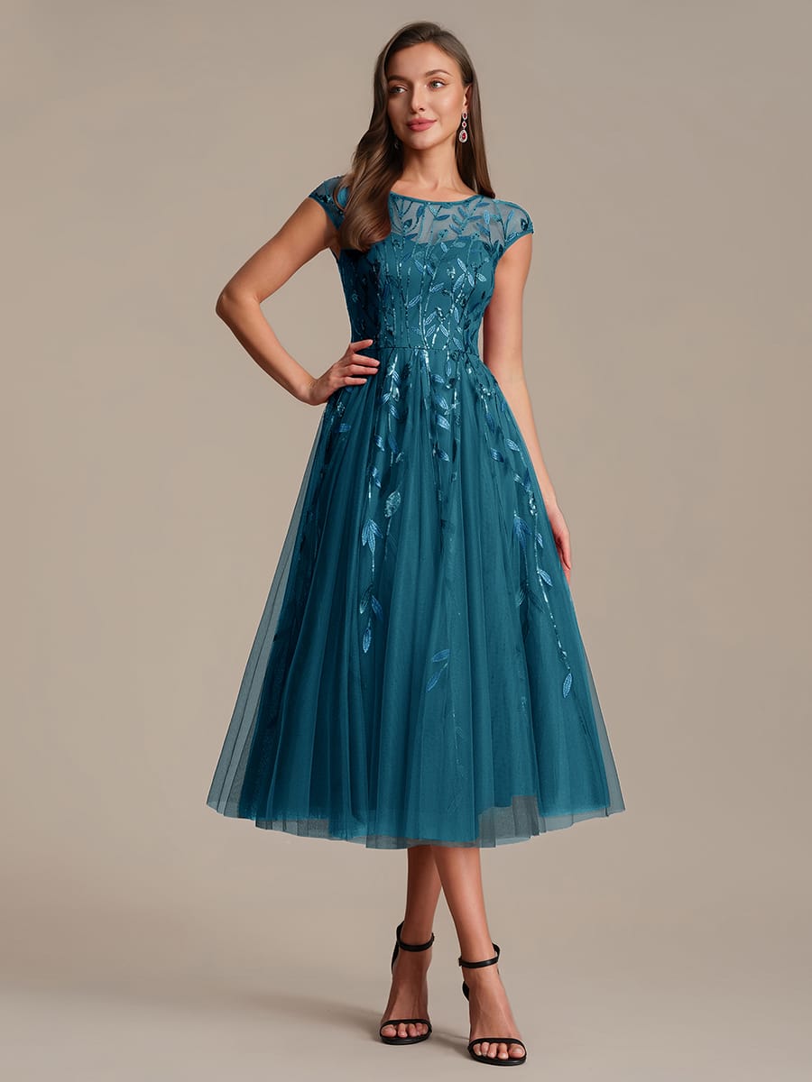 See-through Sequin Cap Sleeve Dress #color_Teal