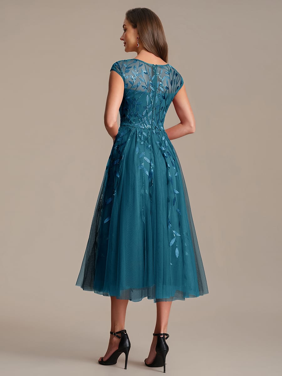 See-through Sequin Cap Sleeve Dress #color_Teal