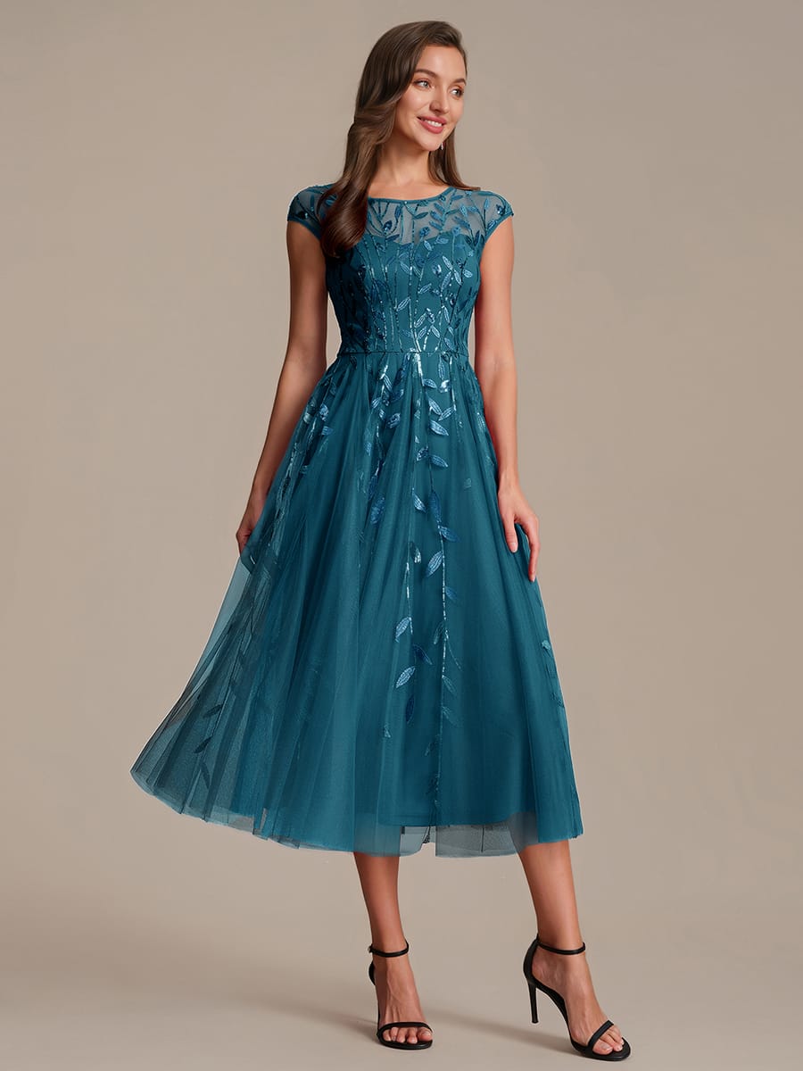 See-through Sequin Cap Sleeve Dress #color_Teal