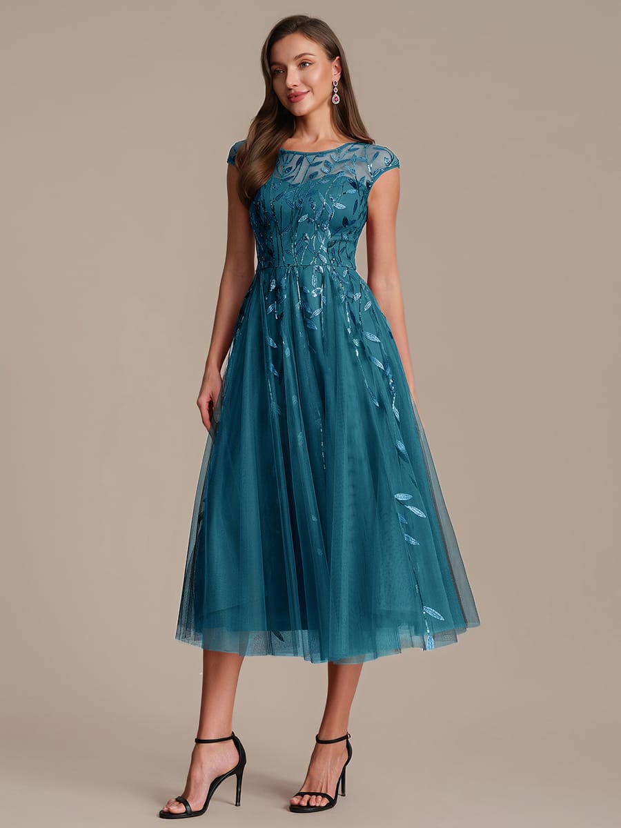 See-through Sequin Cap Sleeve Dress #color_Teal