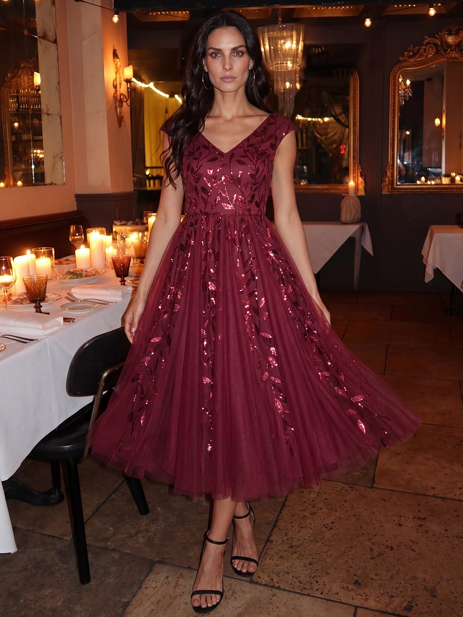 Sequin Sleeveless A-Line Dress #color_Burgundy