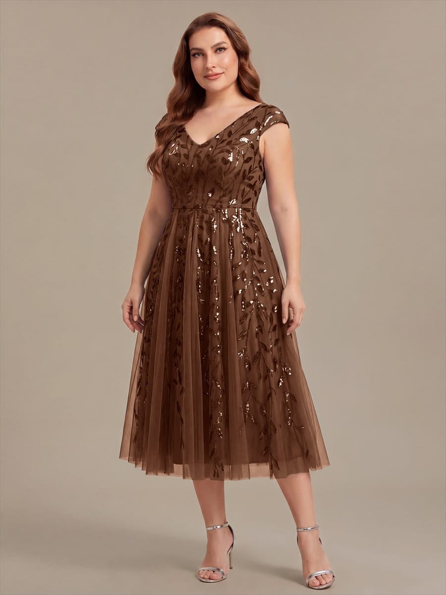 Sequin Sleeveless A-Line Dress #color_Brown
