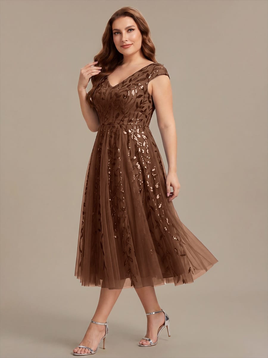 Sequin Sleeveless A-Line Dress #color_Brown