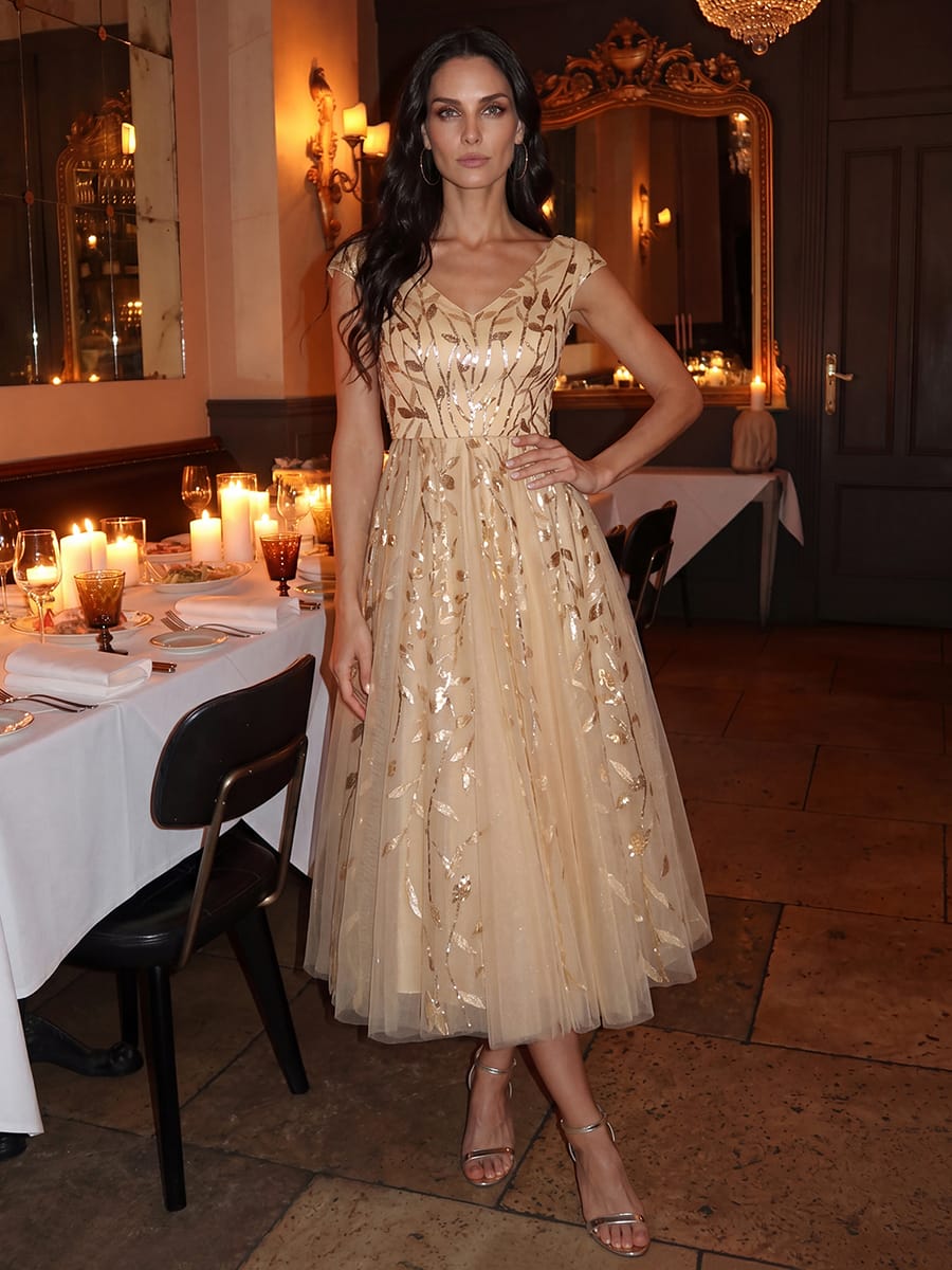 Sequin Sleeveless A-Line Dress #color_Gold
